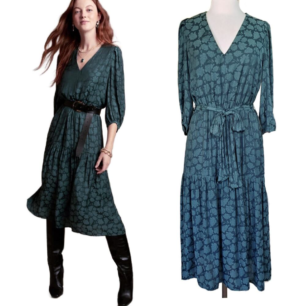 Banana Republic Puff Sleeve Satin Jacquard Midi Dress Size Small Emerald Floral